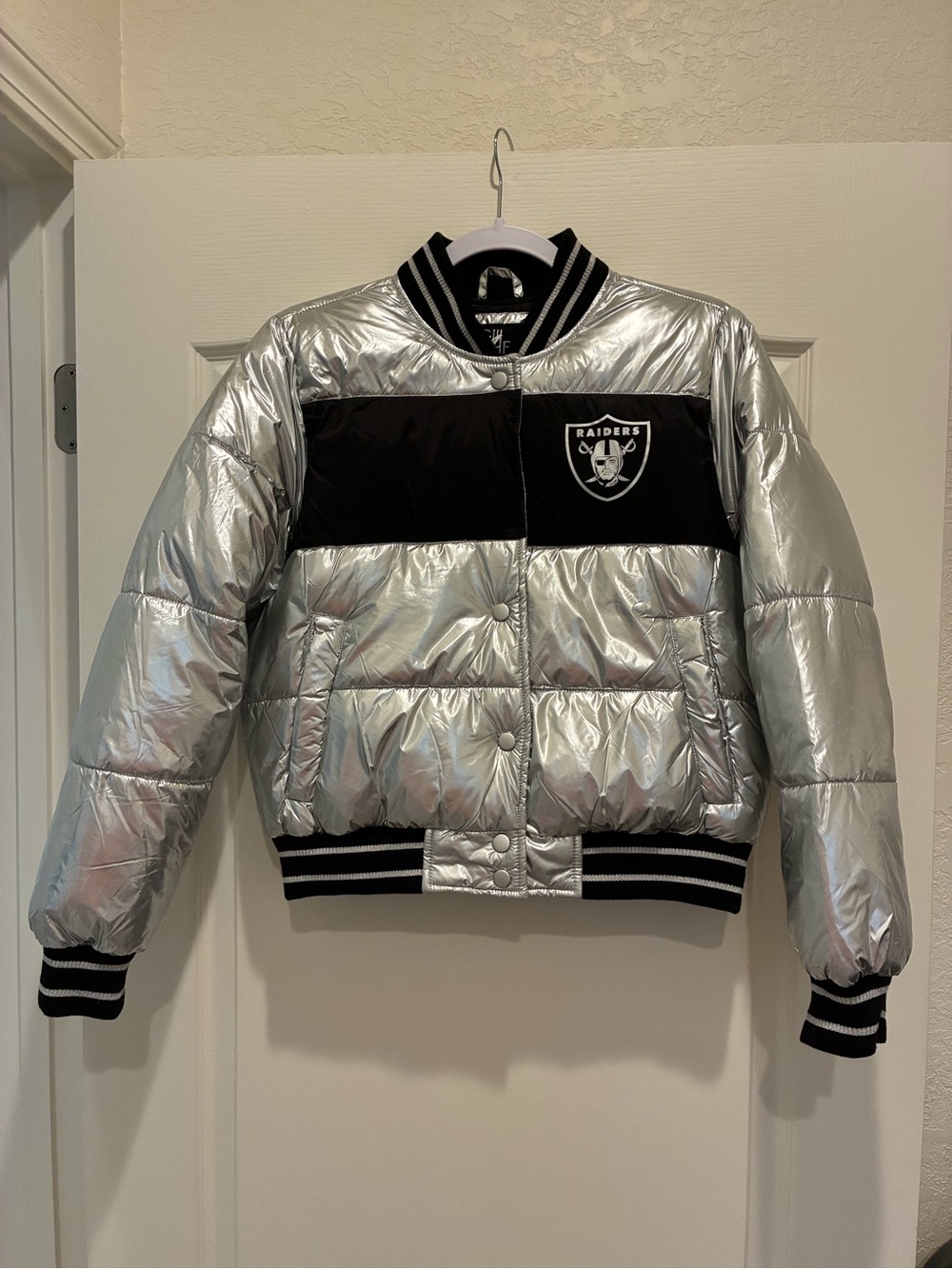 Oakland Raiders Silver & Black Metallic Bomber Jacket